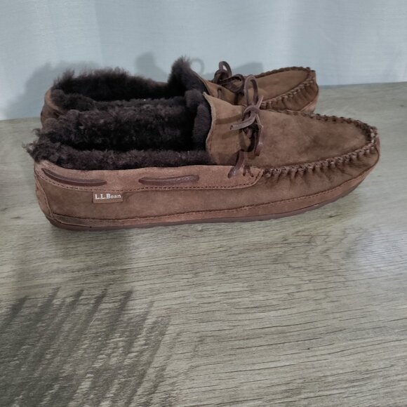 LL Bean Mens Wicked Good Moccasin‎ Slipper Brown Shearling Lined Slip On Sz  13 - Picture 1 of 9